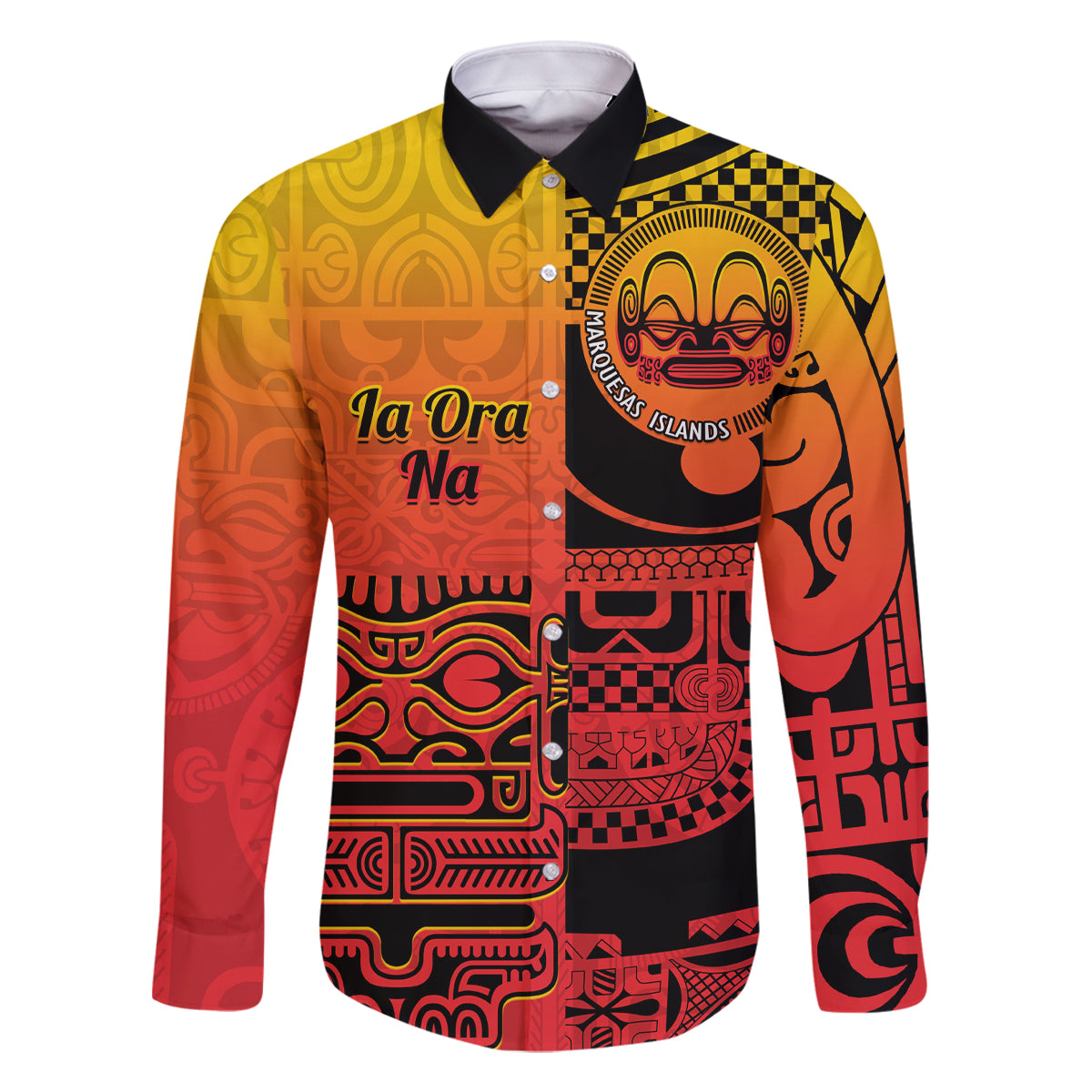 Personalised Ia Ora Na Marquesas Islands Family Matching Off Shoulder Short Dress and Hawaiian Shirt Mata Tiki Marquesan Tattoo LT14 Dad's Shirt - Long Sleeve Red - Polynesian Pride