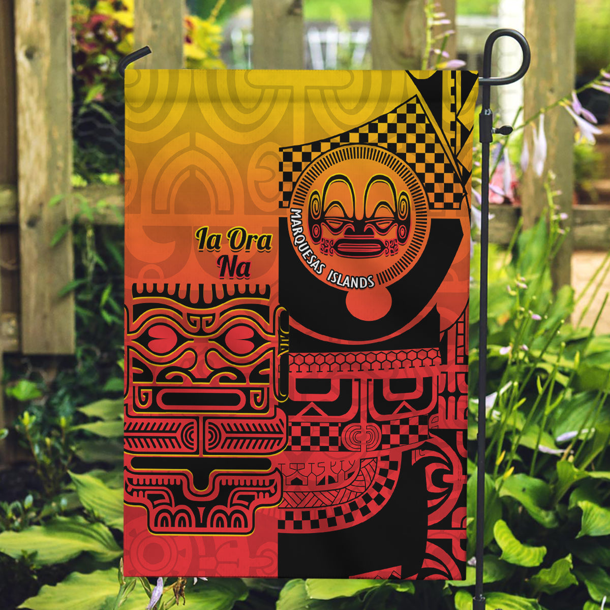 Ia Ora Na Marquesas Islands Garden Flag Mata Tiki Marquesan Tattoo LT14 Garden Flag Red - Polynesian Pride