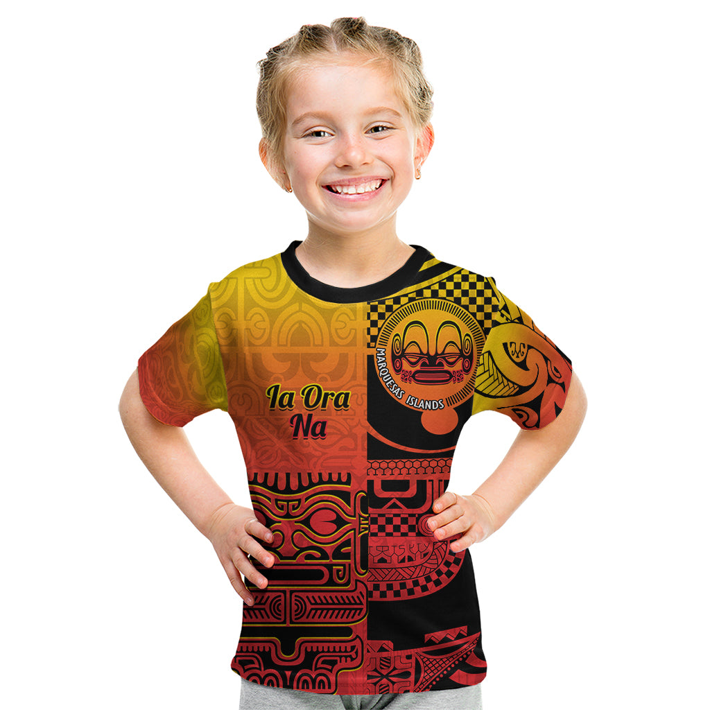 Personalised Ia Ora Na Marquesas Islands Kid T Shirt Mata Tiki Marquesan Tattoo LT14 Red - Polynesian Pride