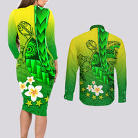 Kia Orana Cook Islands Couples Matching Long Sleeve Bodycon Dress and Long Sleeve Button Shirt Kuki Airani Tattoo Pattern With Sea Turtle LT14 - Polynesian Pride