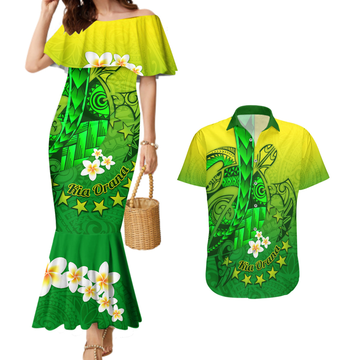 Kia Orana Cook Islands Couples Matching Mermaid Dress and Hawaiian Shirt Kuki Airani Tattoo Pattern With Sea Turtle LT14 Green - Polynesian Pride