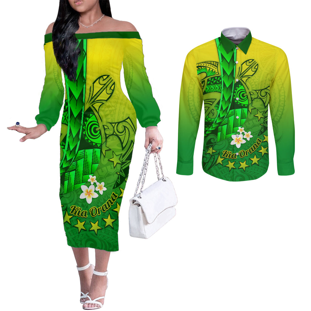 Kia Orana Cook Islands Couples Matching Off The Shoulder Long Sleeve Dress and Long Sleeve Button Shirt Kuki Airani Tattoo Pattern With Sea Turtle LT14 Green - Polynesian Pride