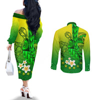 Kia Orana Cook Islands Couples Matching Off The Shoulder Long Sleeve Dress and Long Sleeve Button Shirt Kuki Airani Tattoo Pattern With Sea Turtle LT14 - Polynesian Pride