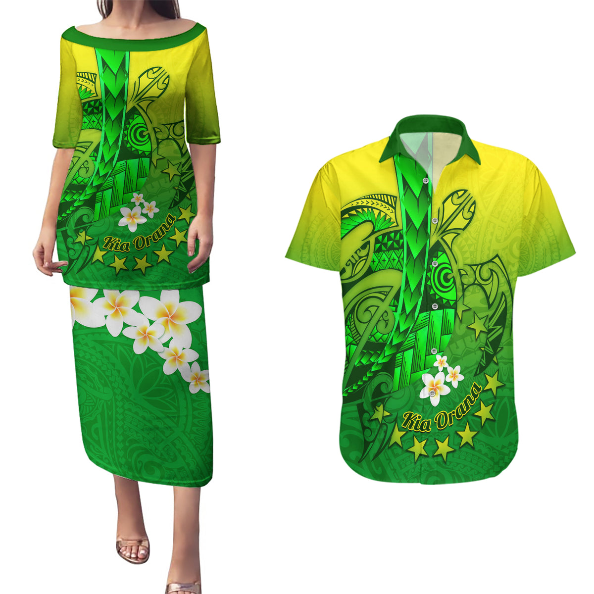 Kia Orana Cook Islands Couples Matching Puletasi and Hawaiian Shirt Kuki Airani Tattoo Pattern With Sea Turtle LT14 Green - Polynesian Pride