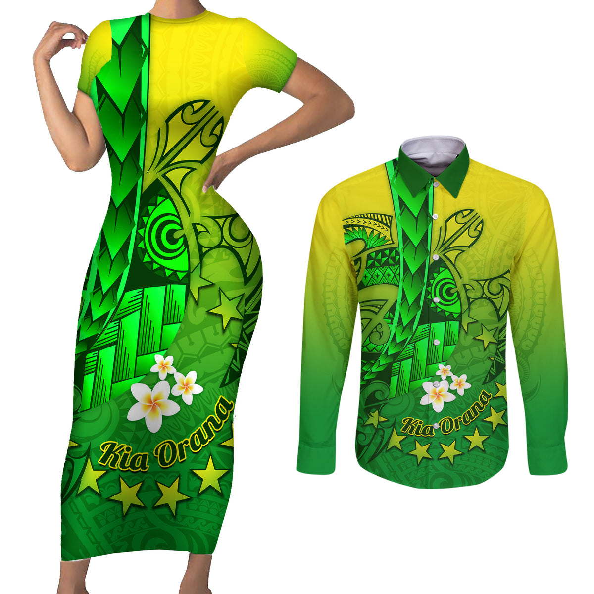 Kia Orana Cook Islands Couples Matching Short Sleeve Bodycon Dress and Long Sleeve Button Shirt Kuki Airani Tattoo Pattern With Sea Turtle LT14 Green - Polynesian Pride