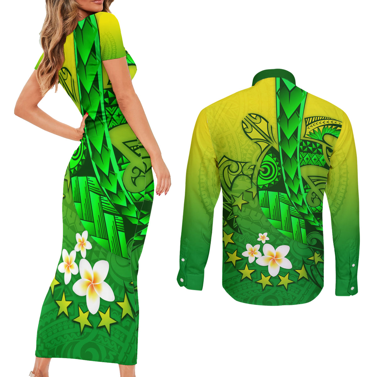 Kia Orana Cook Islands Couples Matching Short Sleeve Bodycon Dress and Long Sleeve Button Shirt Kuki Airani Tattoo Pattern With Sea Turtle LT14 - Polynesian Pride