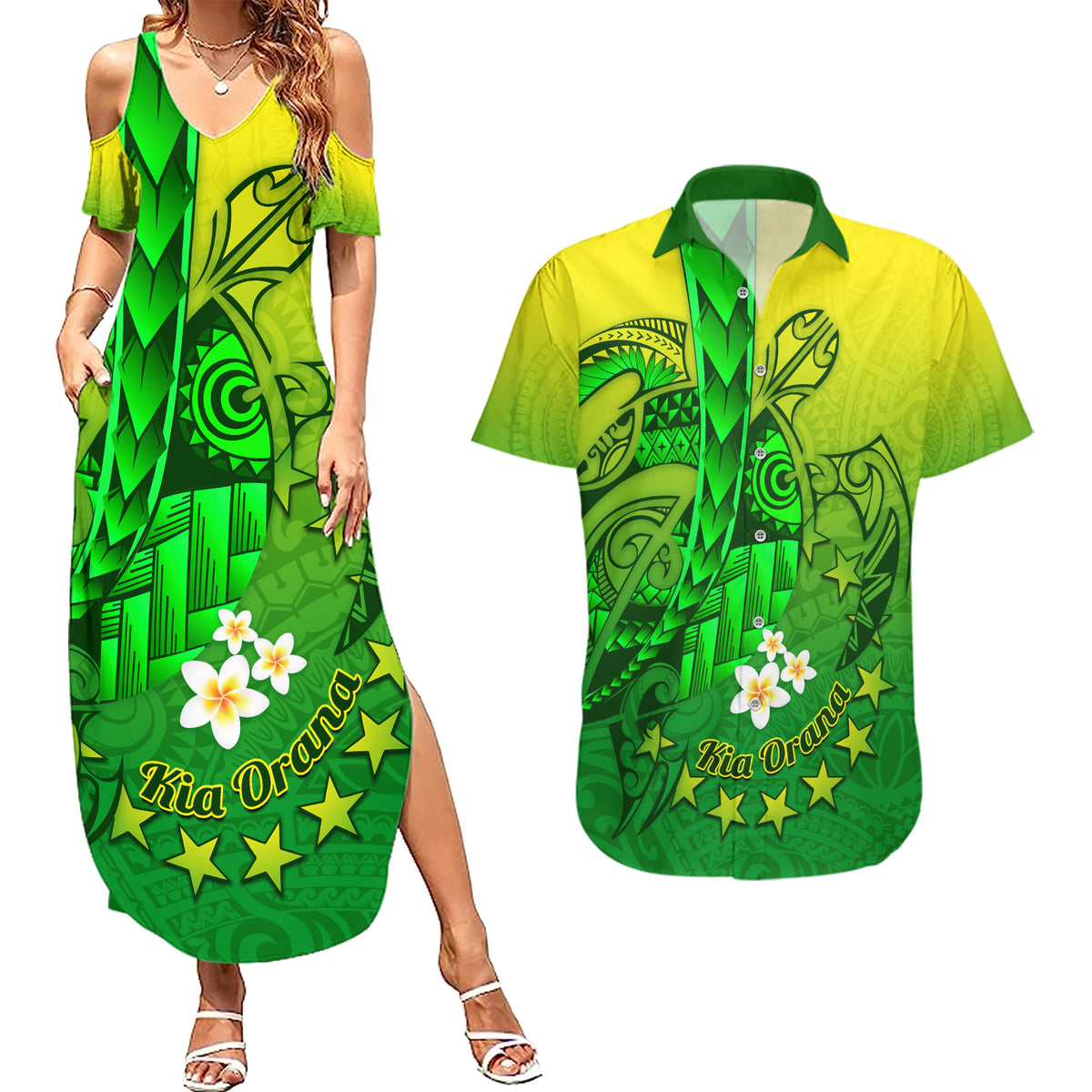 Kia Orana Cook Islands Couples Matching Summer Maxi Dress and Hawaiian Shirt Kuki Airani Tattoo Pattern With Sea Turtle LT14 Green - Polynesian Pride