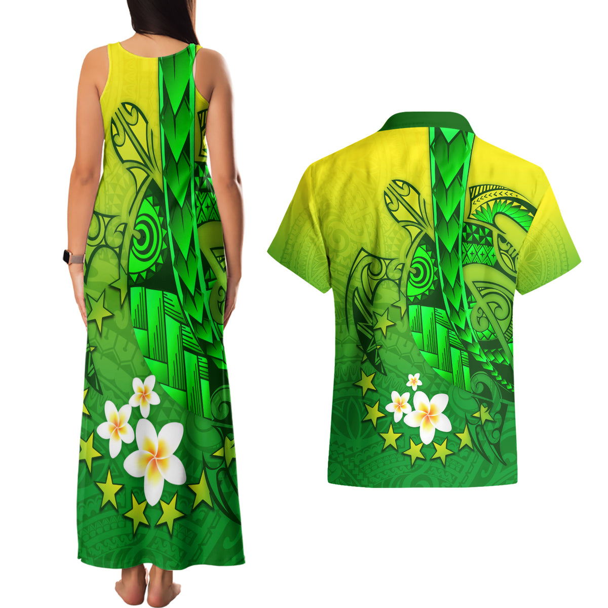 Kia Orana Cook Islands Couples Matching Tank Maxi Dress and Hawaiian Shirt Kuki Airani Tattoo Pattern With Sea Turtle LT14 - Polynesian Pride