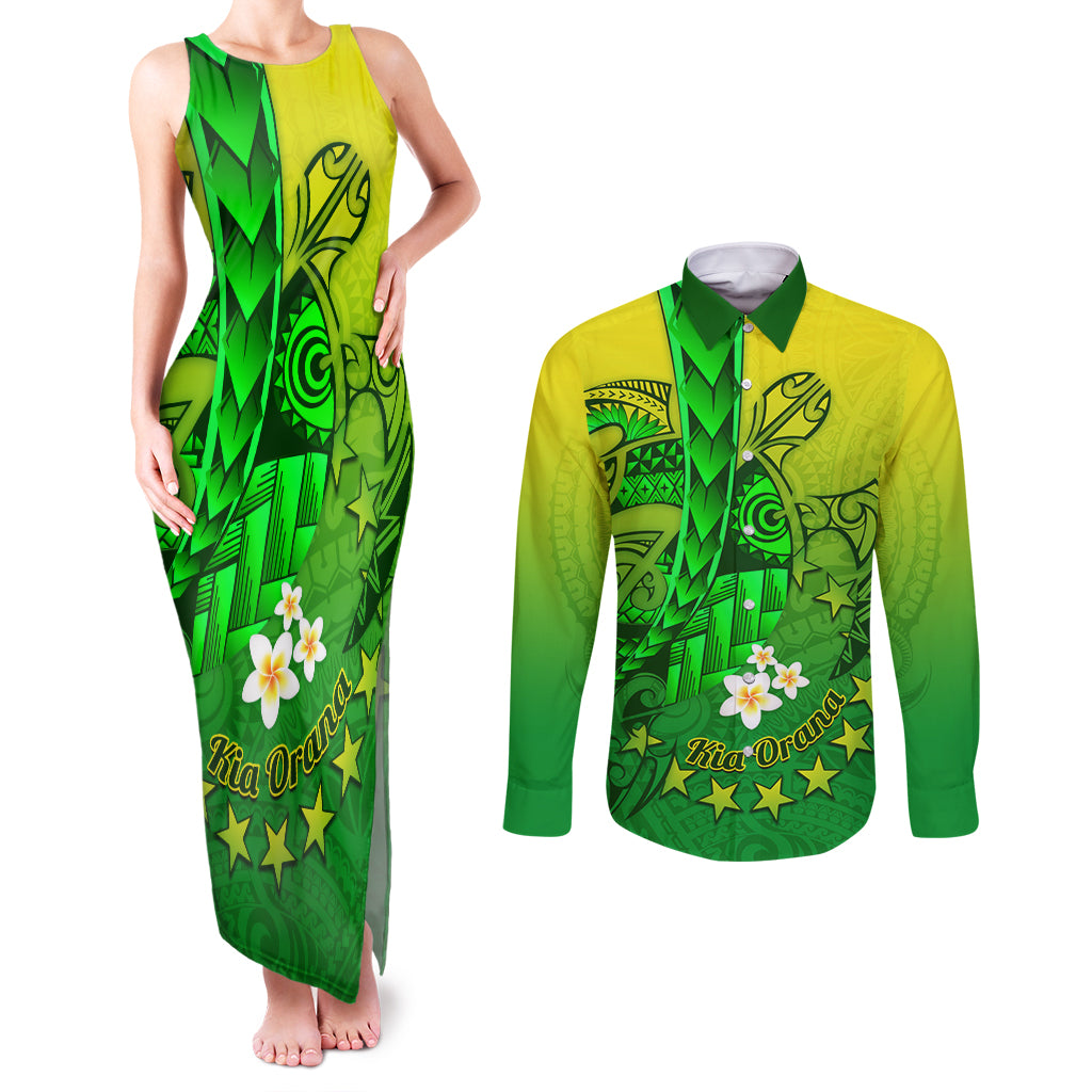 Kia Orana Cook Islands Couples Matching Tank Maxi Dress and Long Sleeve Button Shirt Kuki Airani Tattoo Pattern With Sea Turtle LT14 Green - Polynesian Pride