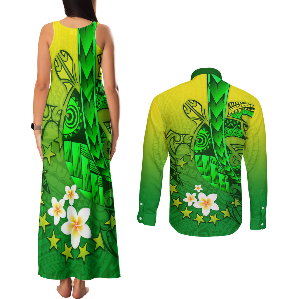 Kia Orana Cook Islands Couples Matching Tank Maxi Dress and Long Sleeve Button Shirt Kuki Airani Tattoo Pattern With Sea Turtle LT14 - Polynesian Pride