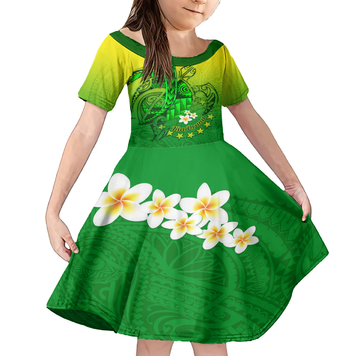 Kia Orana Cook Islands Family Matching Off Shoulder Long Sleeve Dress and Hawaiian Shirt Kuki Airani Tattoo Pattern With Sea Turtle LT14 Daughter's Dress Green - Polynesian Pride