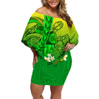Kia Orana Cook Islands Family Matching Off Shoulder Short Dress and Hawaiian Shirt Kuki Airani Tattoo Pattern With Sea Turtle LT14 Mom's Dress Green - Polynesian Pride