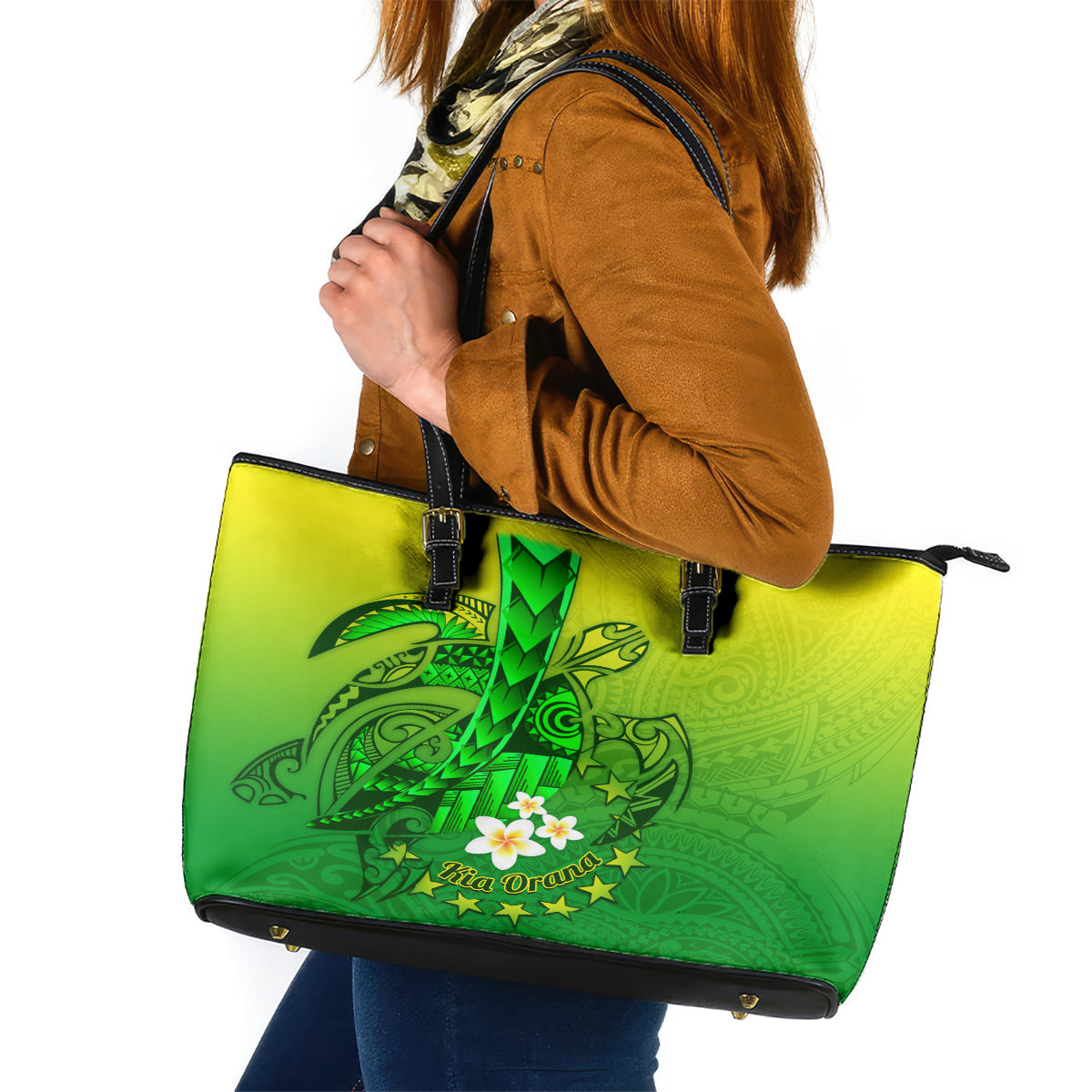 Kia Orana Cook Islands Leather Tote Bag Kuki Airani Tattoo Pattern With Sea Turtle LT14 Green - Polynesian Pride