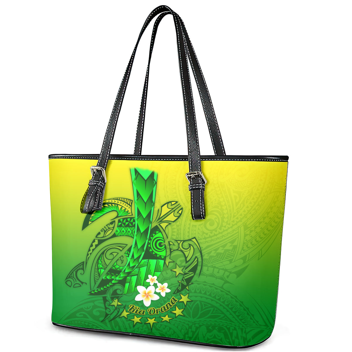 Kia Orana Cook Islands Leather Tote Bag Kuki Airani Tattoo Pattern With Sea Turtle LT14 - Polynesian Pride