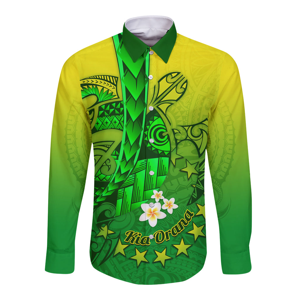 Kia Orana Cook Islands Long Sleeve Button Shirt Kuki Airani Tattoo Pattern With Sea Turtle LT14 Unisex Green - Polynesian Pride