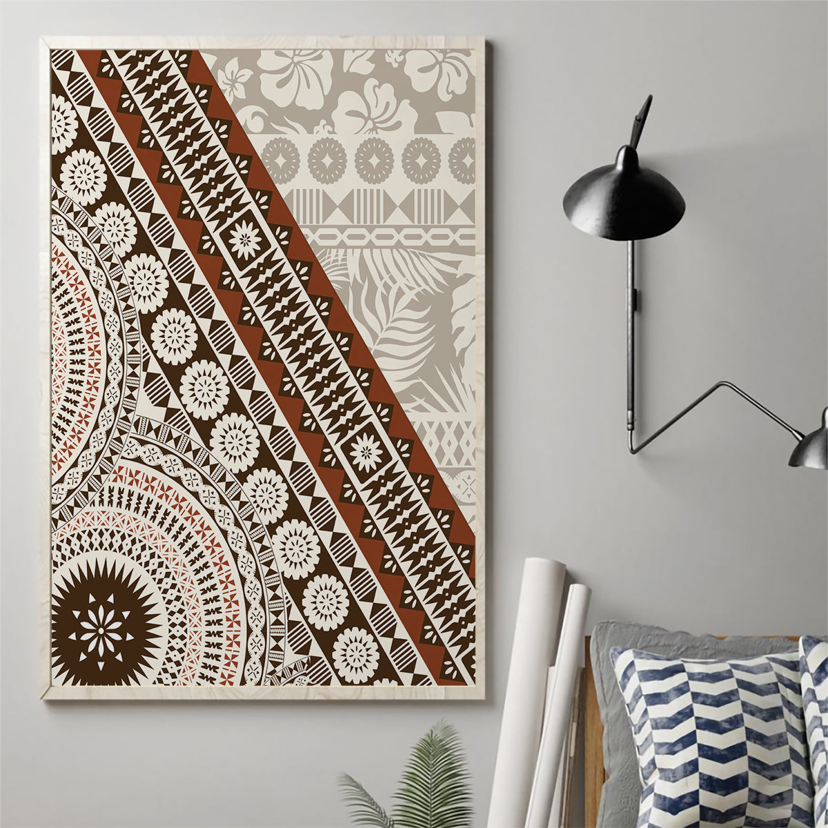 Bula Fiji Canvas Wall Art Fijian Masi Tapa Cloth Vintage Vibes LT14 With Frame Beige - Polynesian Pride