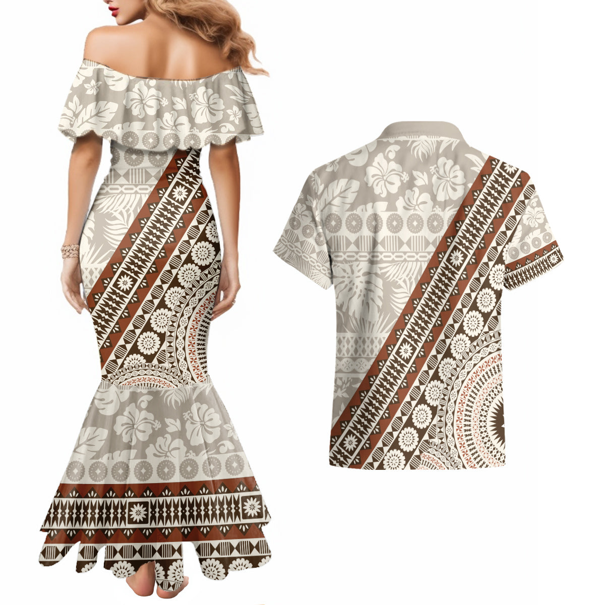 Bula Fiji Couples Matching Mermaid Dress and Hawaiian Shirt Fijian Masi Tapa Cloth Vintage Vibes LT14 - Polynesian Pride