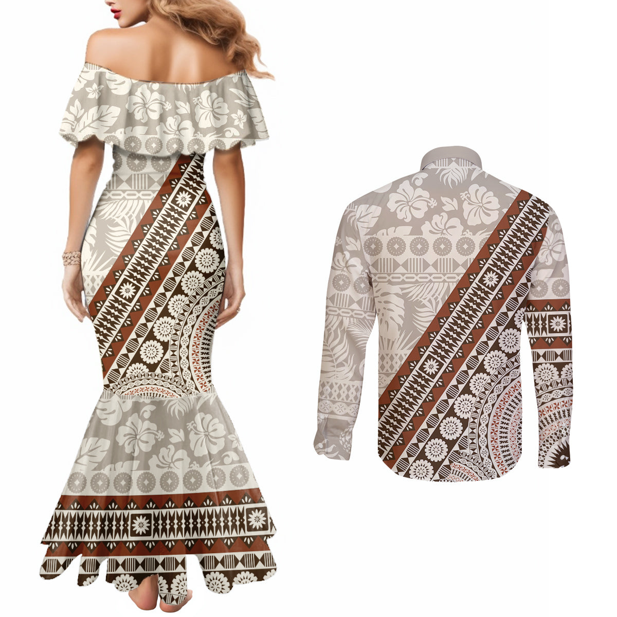 Bula Fiji Couples Matching Mermaid Dress and Long Sleeve Button Shirt Fijian Masi Tapa Cloth Vintage Vibes LT14 - Polynesian Pride
