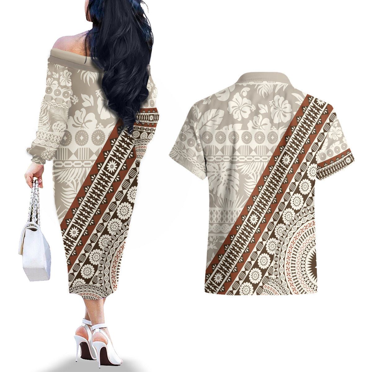 Bula Fiji Couples Matching Off The Shoulder Long Sleeve Dress and Hawaiian Shirt Fijian Masi Tapa Cloth Vintage Vibes LT14 - Polynesian Pride