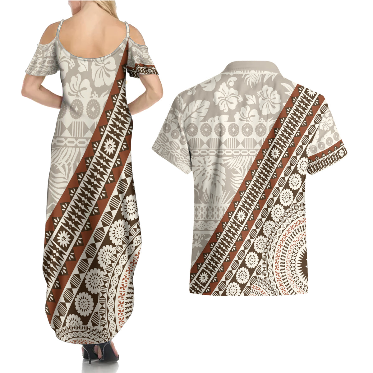 Bula Fiji Couples Matching Summer Maxi Dress and Hawaiian Shirt Fijian Masi Tapa Cloth Vintage Vibes LT14 - Polynesian Pride