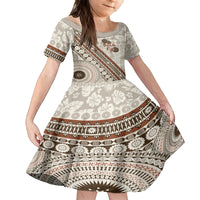 Bula Fiji Family Matching Puletasi and Hawaiian Shirt Fijian Masi Tapa Cloth Vintage Vibes LT14 Daughter's Dress Beige - Polynesian Pride