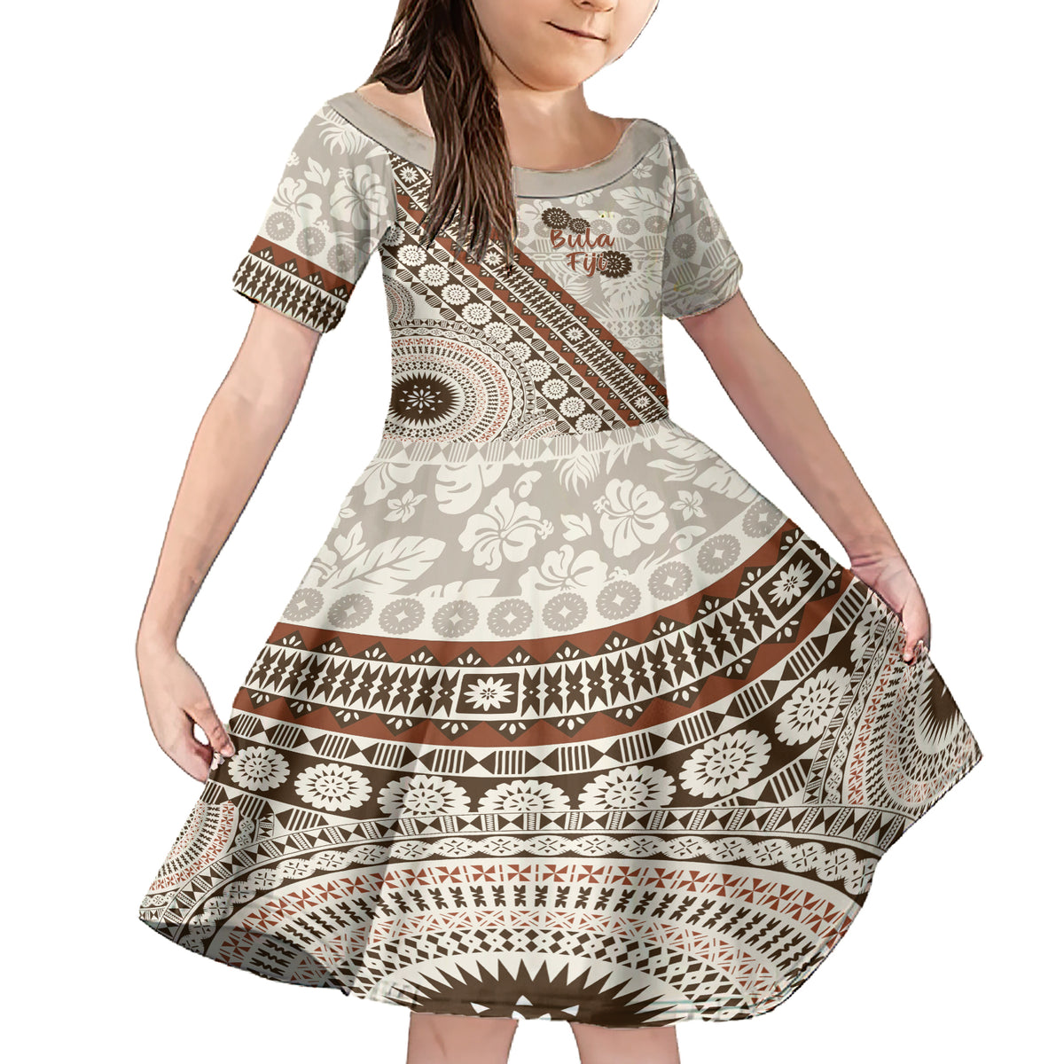 Bula Fiji Family Matching Short Sleeve Bodycon Dress and Hawaiian Shirt Fijian Masi Tapa Cloth Vintage Vibes LT14 Daughter's Dress Beige - Polynesian Pride