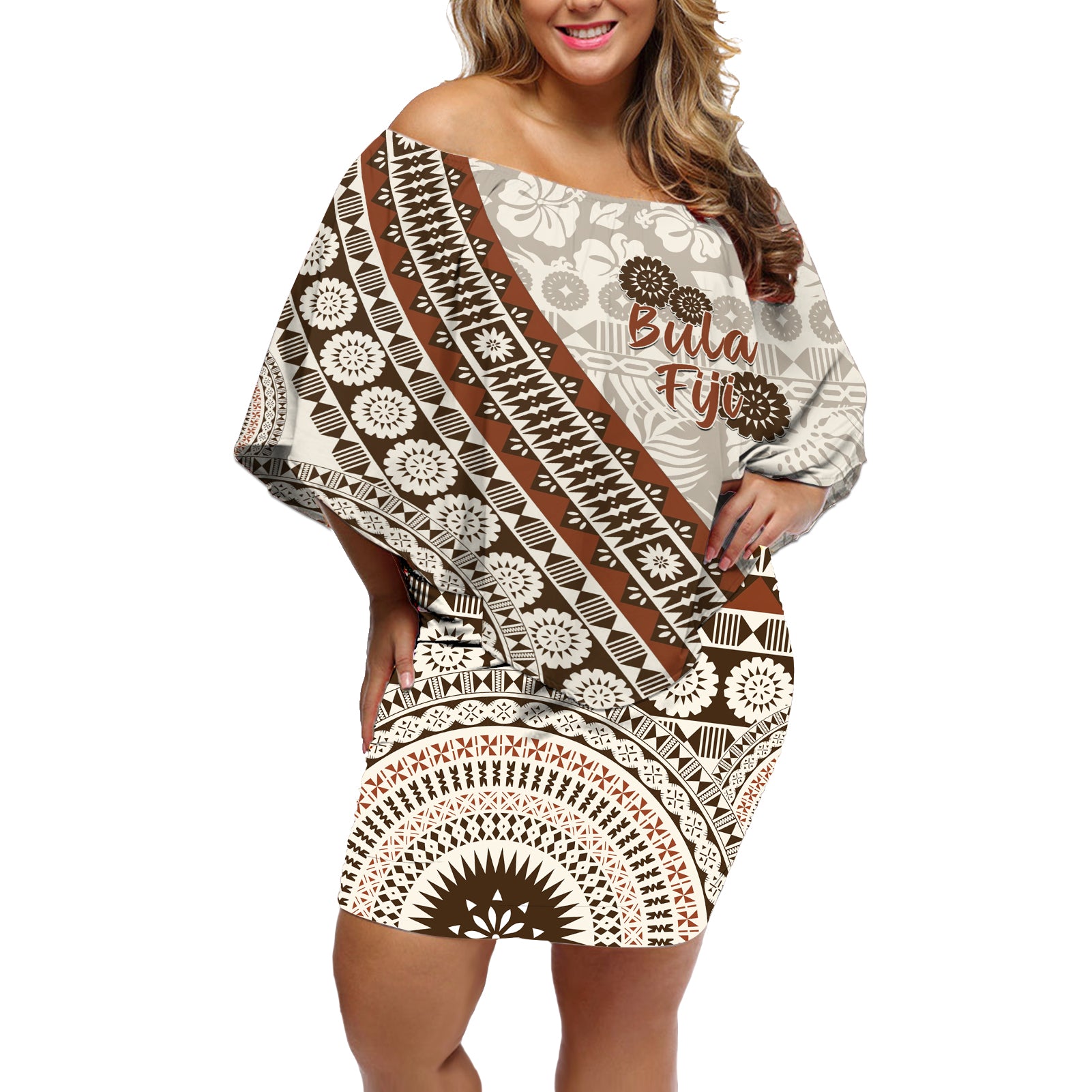 Bula Fiji Off Shoulder Short Dress Fijian Masi Tapa Cloth Vintage Vibes LT14 Women Beige - Polynesian Pride