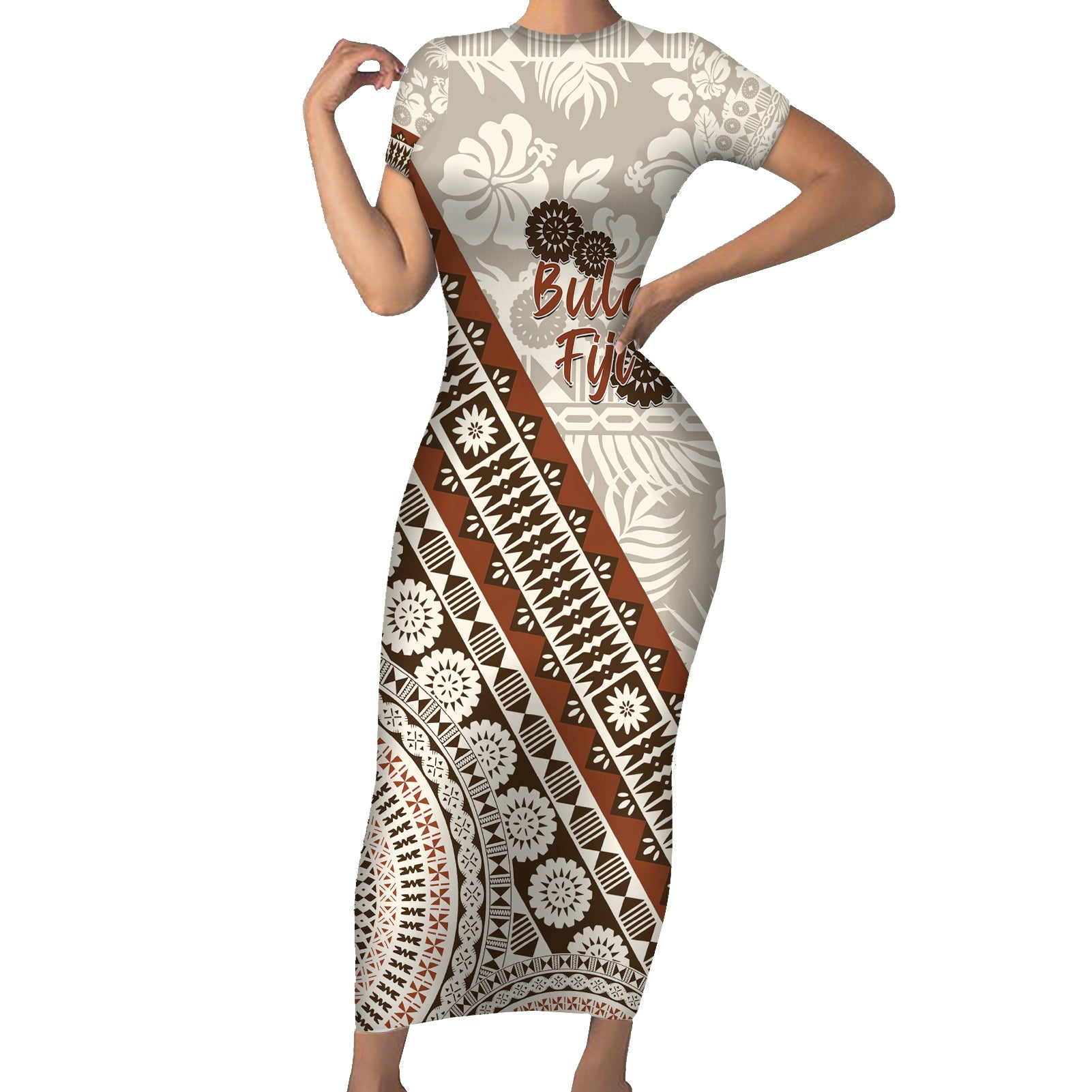 Bula Fiji Short Sleeve Bodycon Dress Fijian Masi Tapa Cloth Vintage Vibes LT14 Long Dress Beige - Polynesian Pride