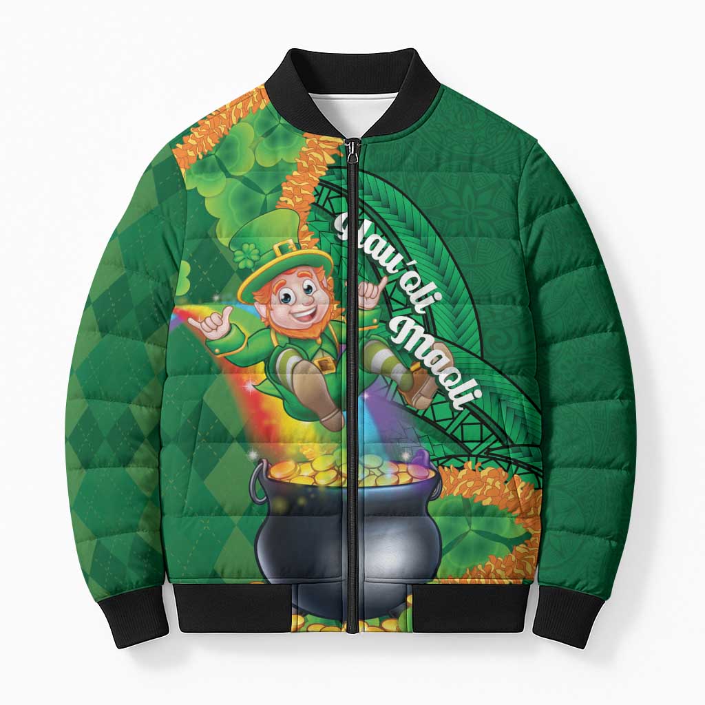 St Patrick's Day Hawaii Bomber Puffer Jacket Hauoli Maoli Funny Shaka Leprechaun