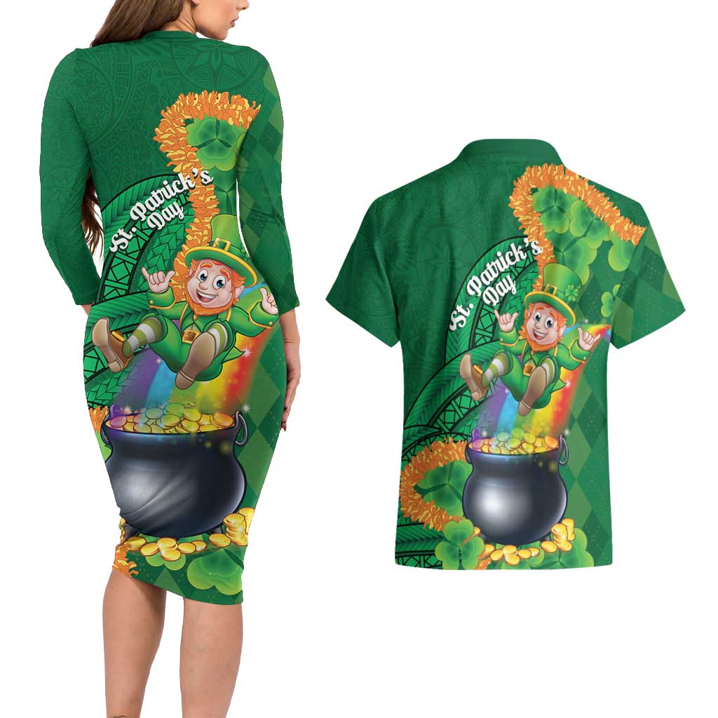 St Patrick's Day Hawaii Couples Matching Long Sleeve Bodycon Dress and Hawaiian Shirt Hauoli Maoli Funny Shaka Leprechaun LT14 - Polynesian Pride