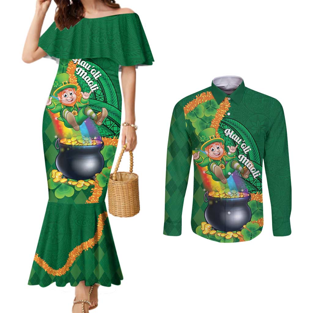 St Patrick's Day Hawaii Couples Matching Mermaid Dress and Long Sleeve Button Shirt Hauoli Maoli Funny Shaka Leprechaun LT14 Green - Polynesian Pride