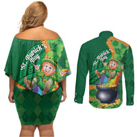 St Patrick's Day Hawaii Couples Matching Off Shoulder Short Dress and Long Sleeve Button Shirt Hauoli Maoli Funny Shaka Leprechaun
