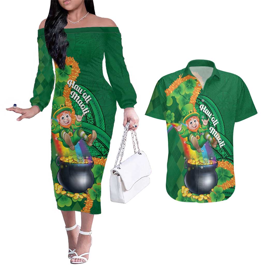 St Patrick's Day Hawaii Couples Matching Off The Shoulder Long Sleeve Dress and Hawaiian Shirt Hauoli Maoli Funny Shaka Leprechaun LT14 Green - Polynesian Pride