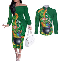 St Patrick's Day Hawaii Couples Matching Off The Shoulder Long Sleeve Dress and Long Sleeve Button Shirt Hauoli Maoli Funny Shaka Leprechaun LT14 Green - Polynesian Pride