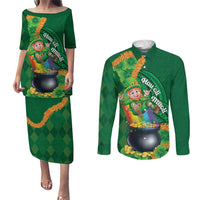 St Patrick's Day Hawaii Couples Matching Puletasi and Long Sleeve Button Shirt Hauoli Maoli Funny Shaka Leprechaun