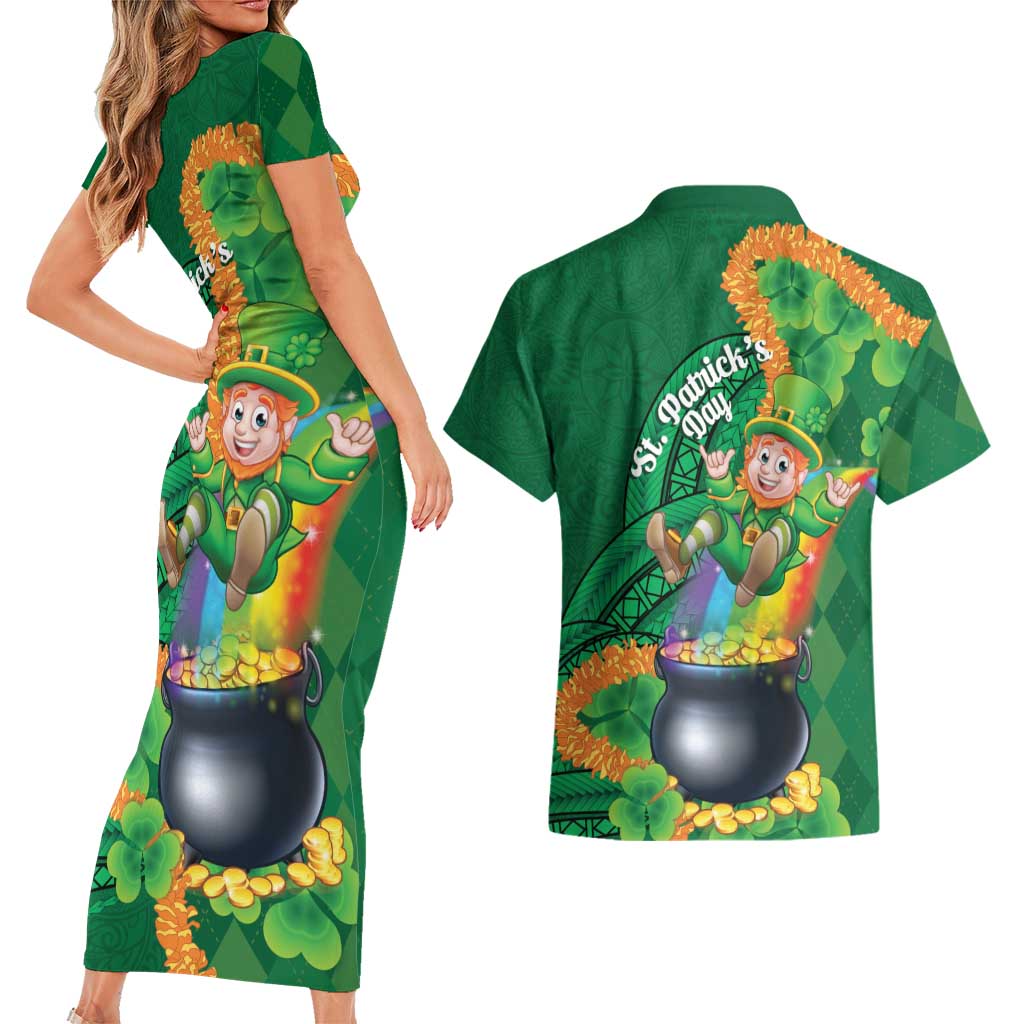St Patrick's Day Hawaii Couples Matching Short Sleeve Bodycon Dress and Hawaiian Shirt Hauoli Maoli Funny Shaka Leprechaun LT14 - Polynesian Pride