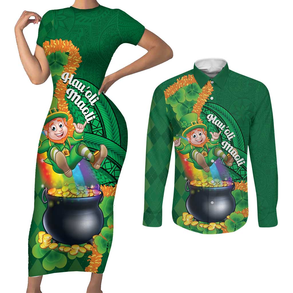 St Patrick's Day Hawaii Couples Matching Short Sleeve Bodycon Dress and Long Sleeve Button Shirt Hauoli Maoli Funny Shaka Leprechaun LT14 Green - Polynesian Pride