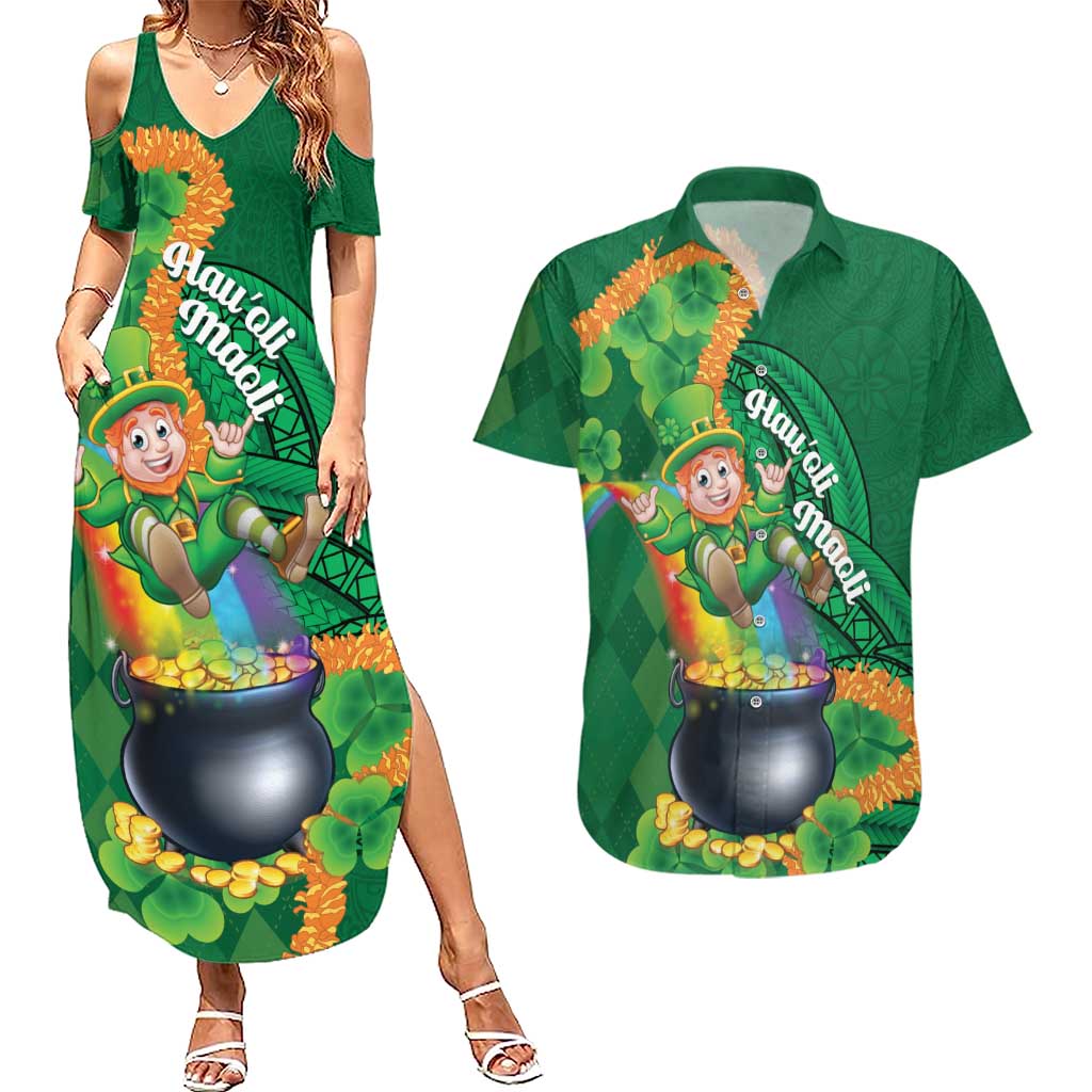 St Patrick's Day Hawaii Couples Matching Summer Maxi Dress and Hawaiian Shirt Hauoli Maoli Funny Shaka Leprechaun LT14 Green - Polynesian Pride