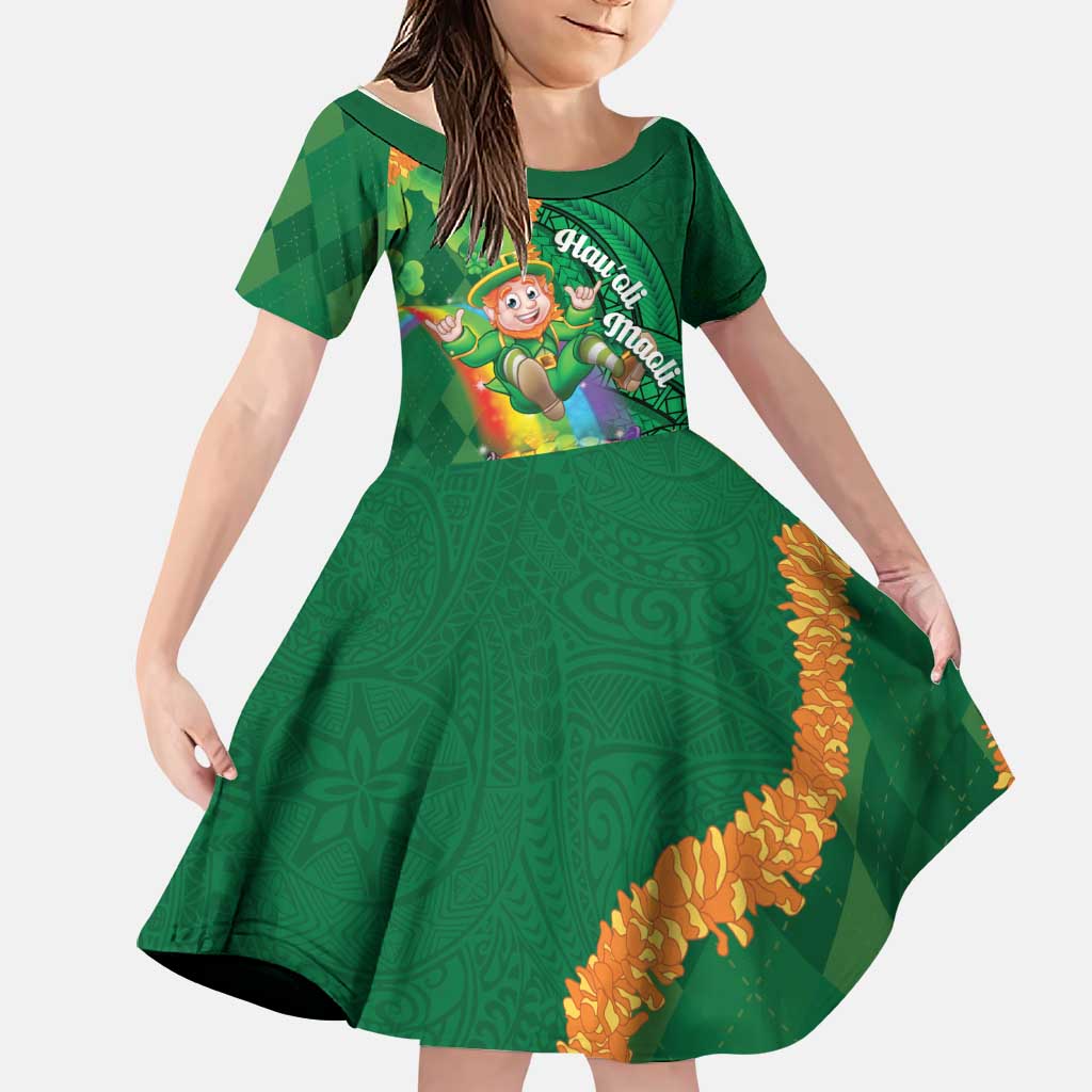 St Patrick's Day Hawaii Family Matching Long Sleeve Bodycon Dress and Hawaiian Shirt Hauoli Maoli Funny Shaka Leprechaun LT14 Daughter's Dress Green - Polynesian Pride