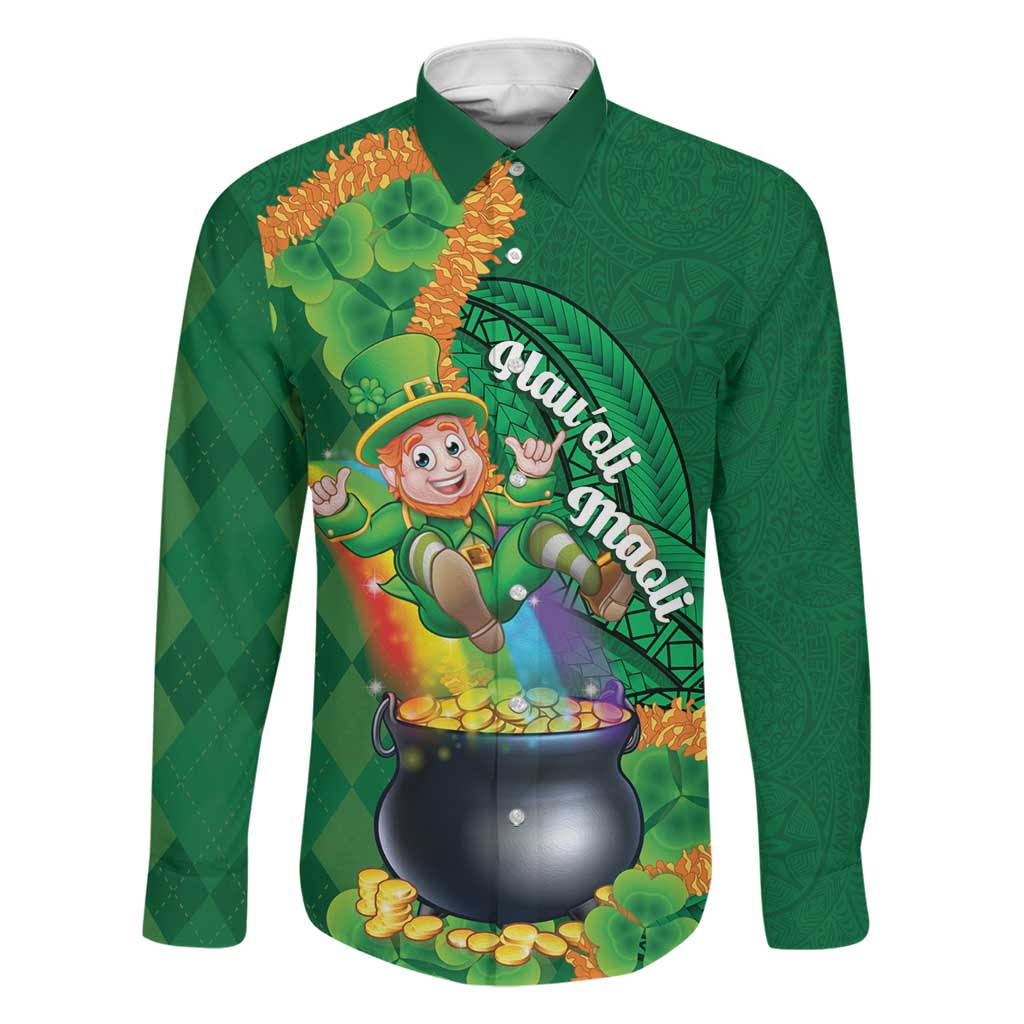 St Patrick's Day Hawaii Family Matching Off Shoulder Maxi Dress and Hawaiian Shirt Hauoli Maoli Funny Shaka Leprechaun LT14 Dad's Shirt - Long Sleeve Green - Polynesian Pride