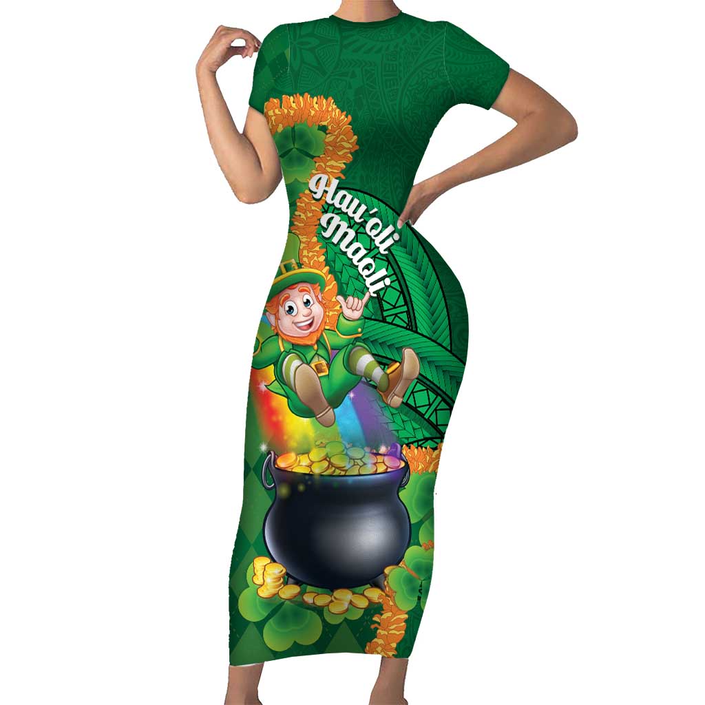 St Patrick's Day Hawaii Family Matching Short Sleeve Bodycon Dress and Hawaiian Shirt Hauoli Maoli Funny Shaka Leprechaun LT14 Mom's Dress Green - Polynesian Pride