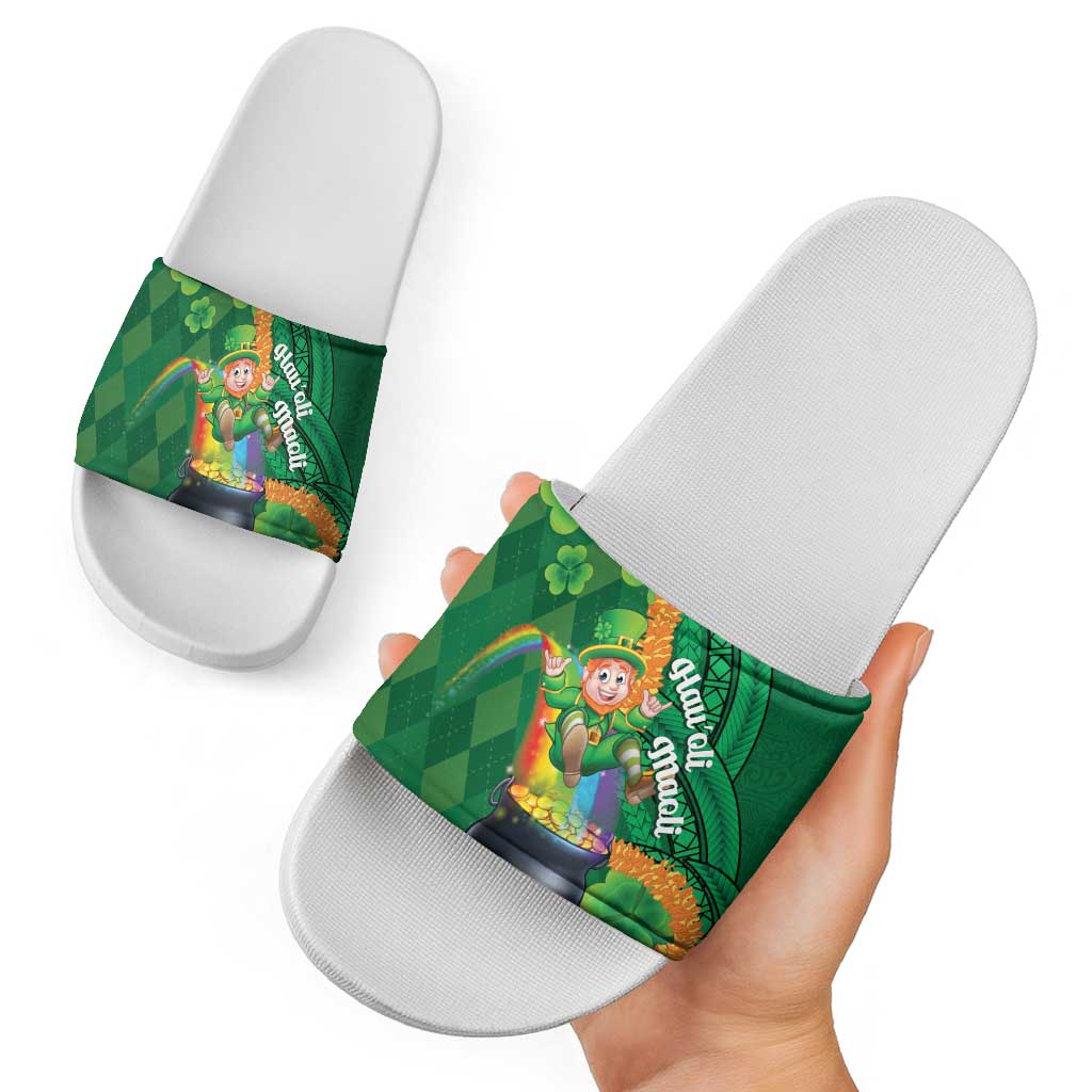 St Patrick's Day Hawaii Slide Sandals Hauoli Maoli Funny Shaka Leprechaun