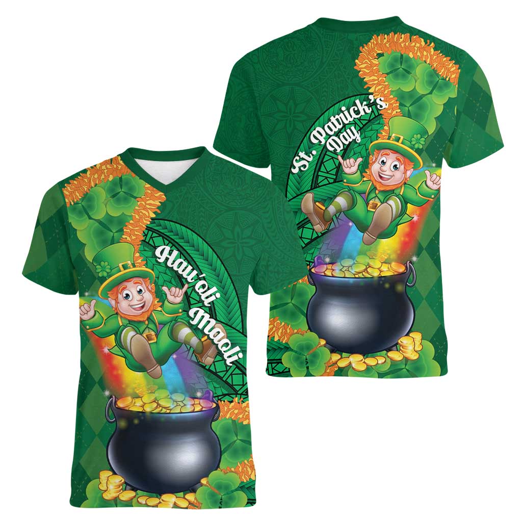 St Patrick's Day Hawaii Women V-Neck T-Shirt Hauoli Maoli Funny Shaka Leprechaun