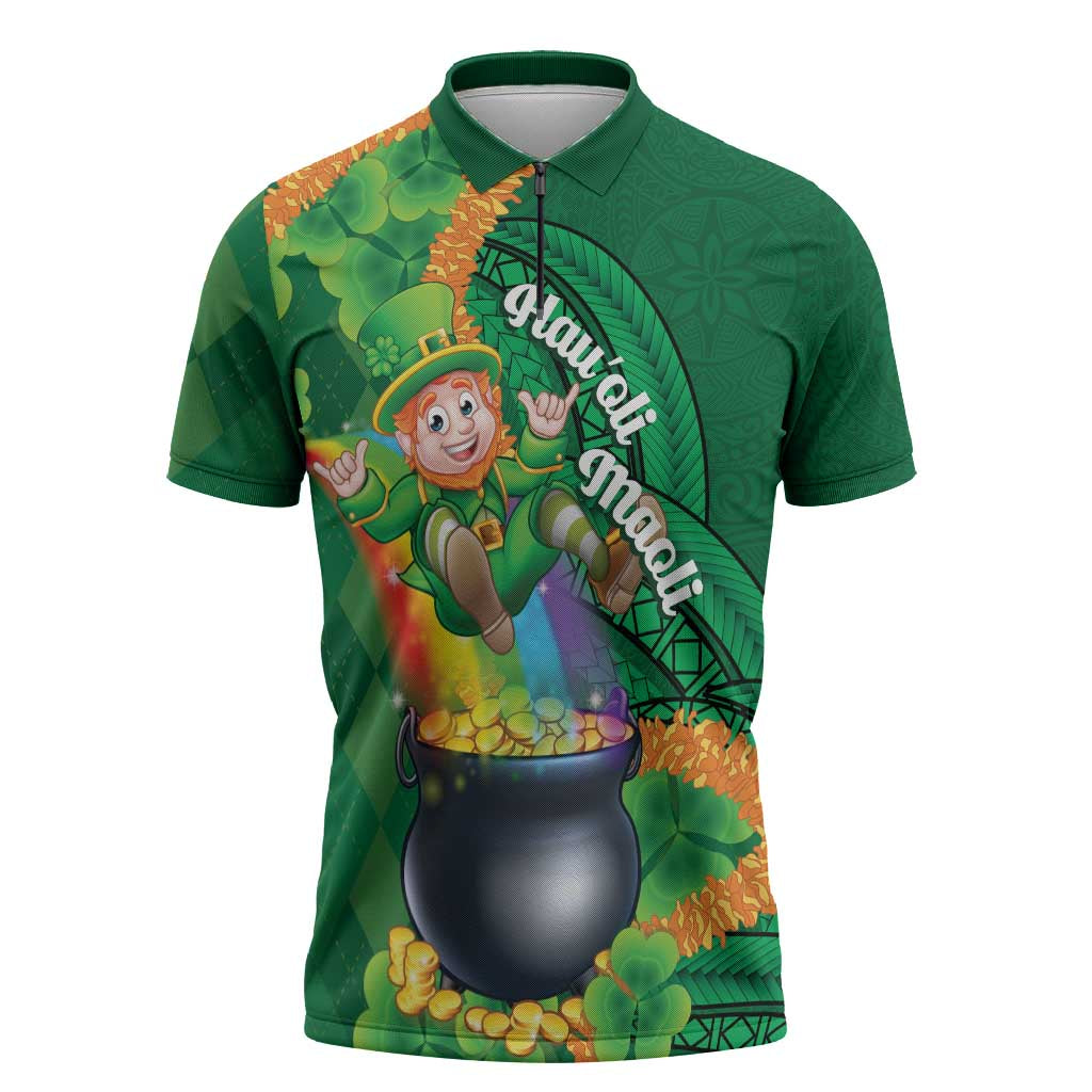 St Patrick's Day Hawaii Zipper Polo Shirt Hauoli Maoli Funny Shaka Leprechaun