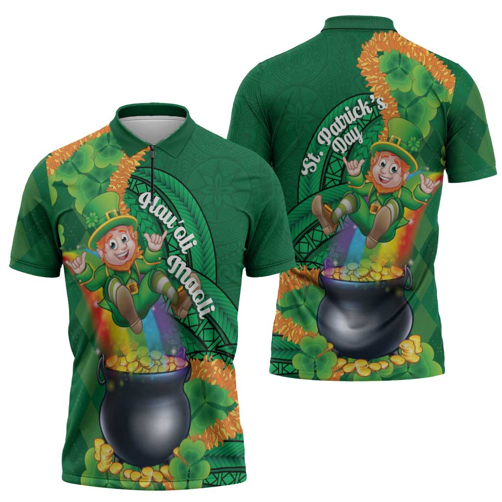 St Patrick's Day Hawaii Zipper Polo Shirt Hauoli Maoli Funny Shaka Leprechaun