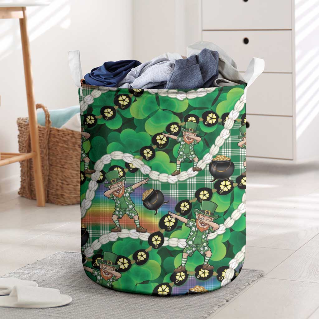 St Patrick's Day Palaka Hawaii Laundry Basket Kukui Nut Pikake Lei Shamrock Dabbing Leprechaun