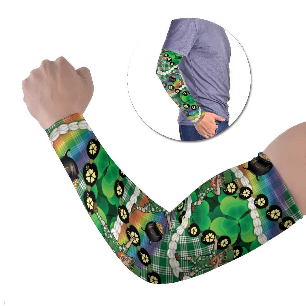 St Patrick's Day Palaka Hawaii Arm Sleeves Kukui Nut Pikake Lei Shamrock Dabbing Leprechaun