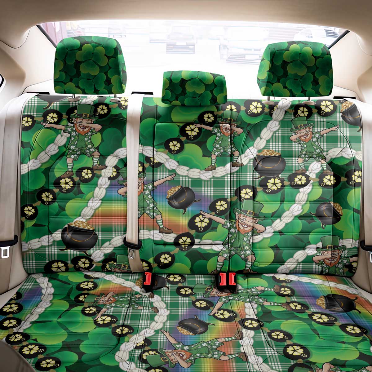 St Patrick's Day Palaka Hawaii Back Car Seat Cover Kukui Nut Pikake Lei Shamrock Dabbing Leprechaun