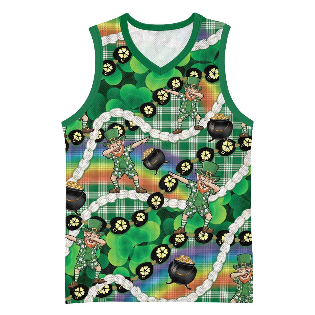 St Patrick's Day Palaka Hawaii Basketball Jersey Kukui Nut Pikake Lei Shamrock Dabbing Leprechaun