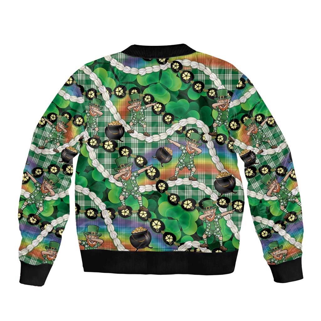 St Patrick's Day Palaka Hawaii Bomber Jacket Kukui Nut Pikake Lei Shamrock Dabbing Leprechaun